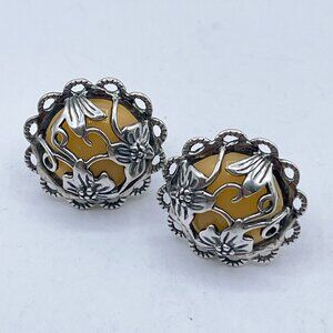 925 Silver Vintage Style Stud Floral Earrings With Yellow Resin